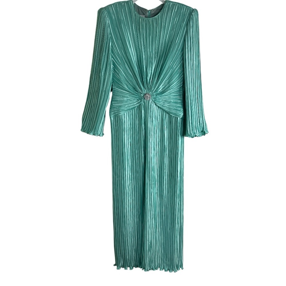 George F Couture Vintage 80s Fortuny Pleat Evening Dress in Light Mint Size: 14